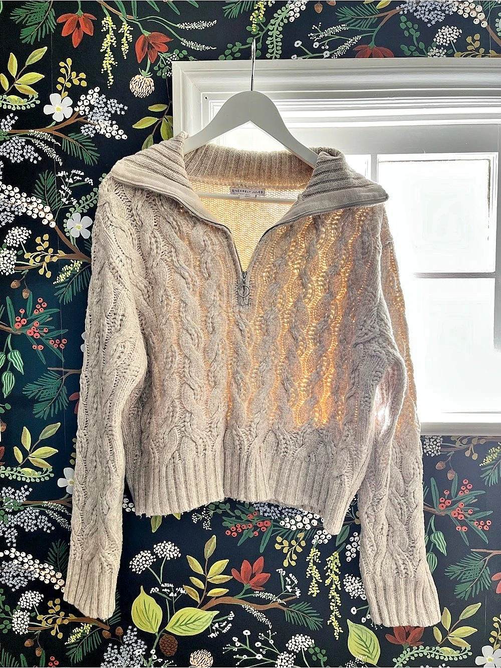 Sincerely Jules Cable Knit Half-Zip Sweater in Speckled Cream/Gray Size M/L
